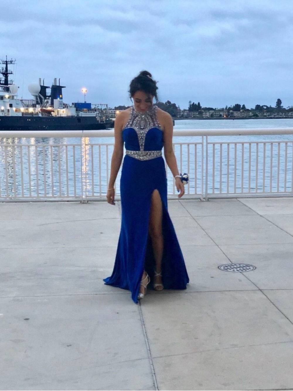 Embellished Cobalt Halter Prom Gown with High Slit.   Or wedding guest